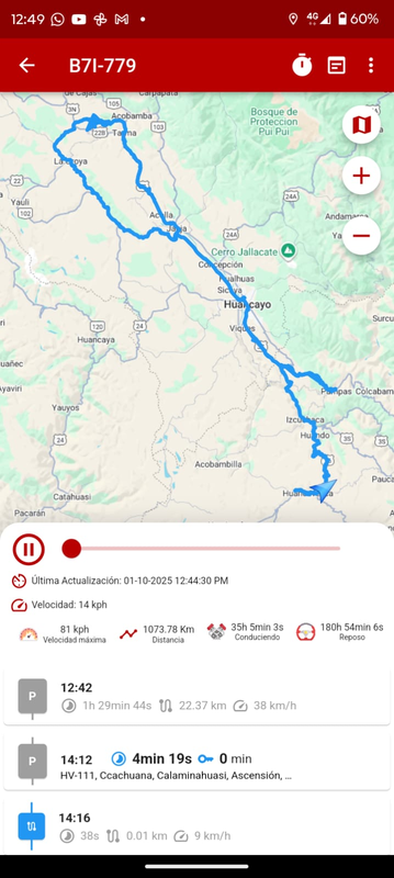 Aplicación móvil de geolocalización GPS mostrando la ruta de una unidad de transporte